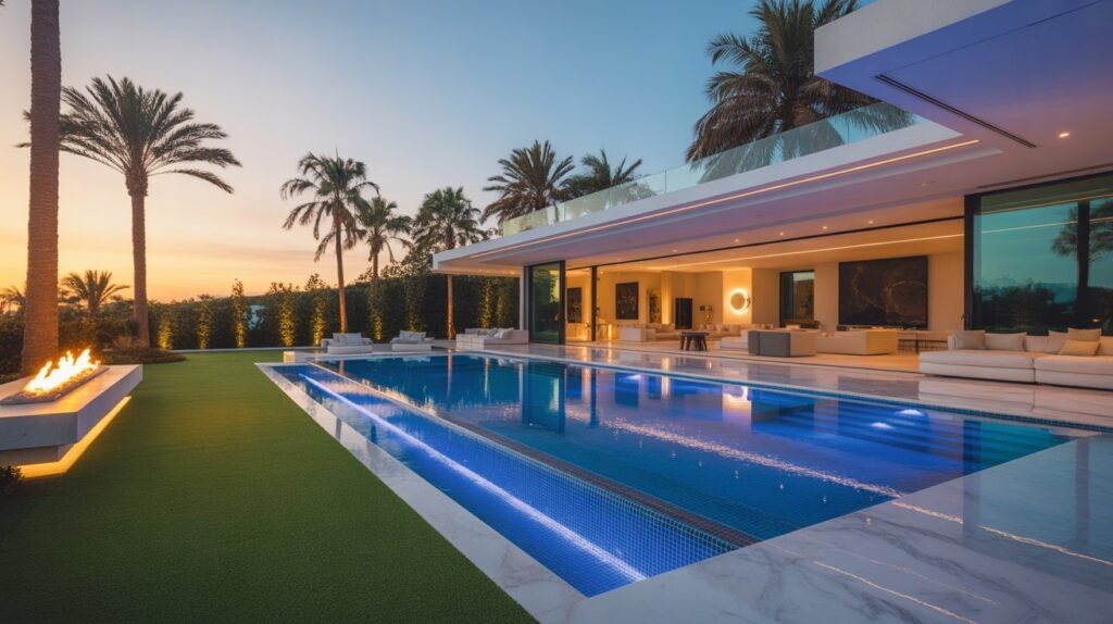 luxurious modern backyard with infinity pool