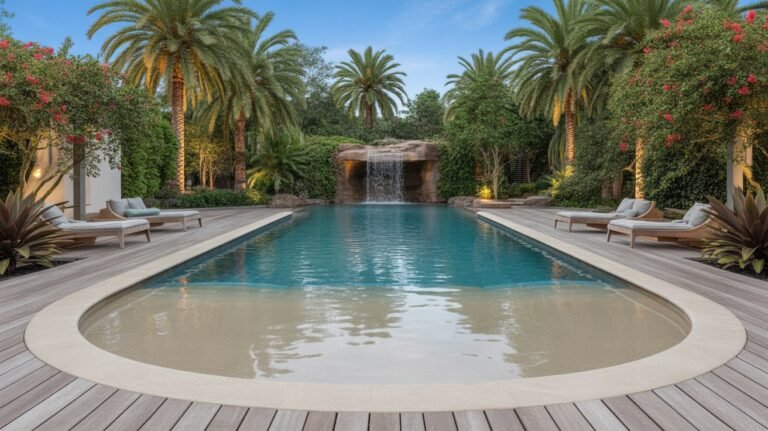 15 Creative Beach Entry Pool Designs to Elevate Your Outdoor Space 27 luxurious tropical beach entry pool