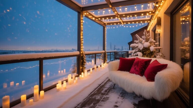 12 Magical Winter Balcony Decor with Snowfall 26 winter balcony decor with falling snow