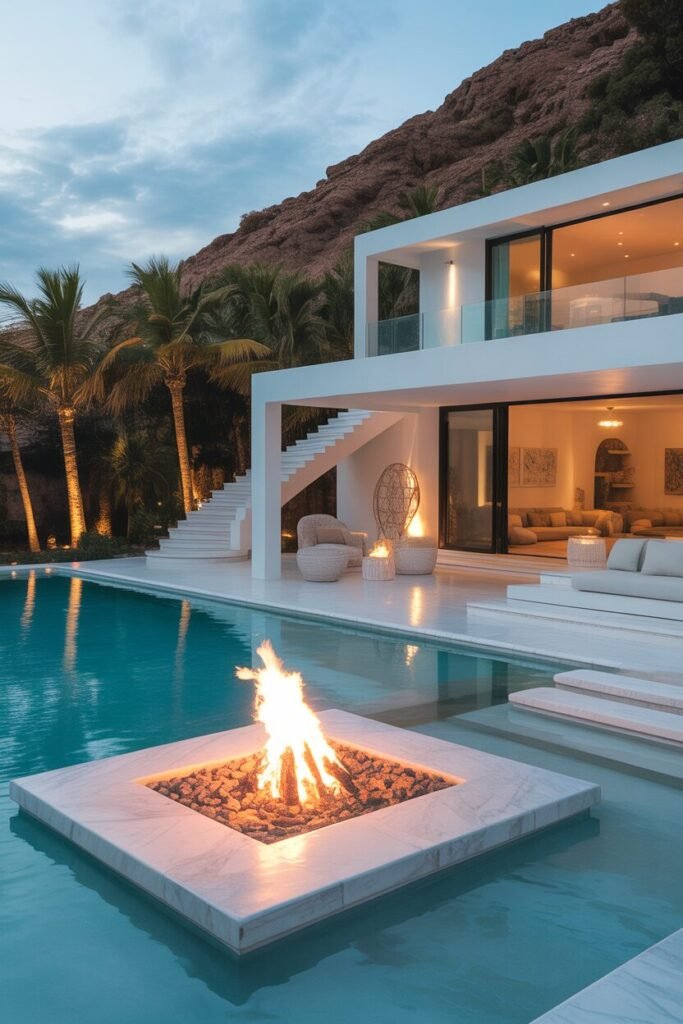 20 Luxurious Modern villa Backyard 21 backyard with pool and fire pit
