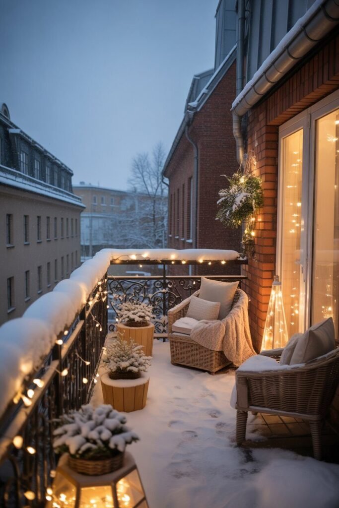 inviting balcony decor with snowfall