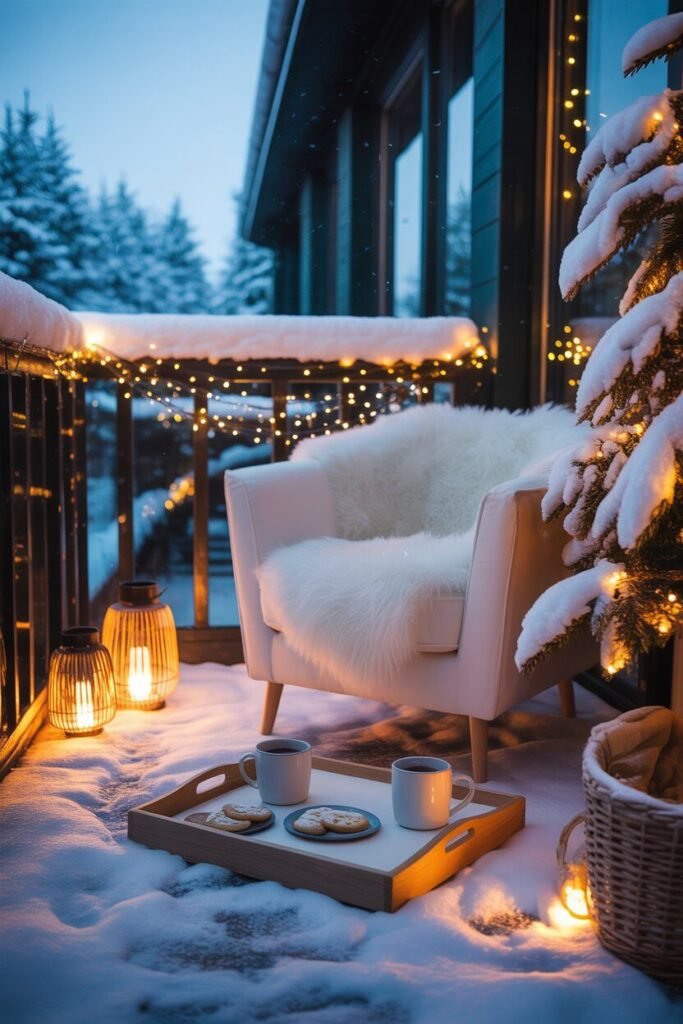 elegant balcony decor with snowfall