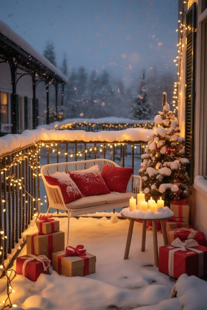 winter terrace decor with snowfall