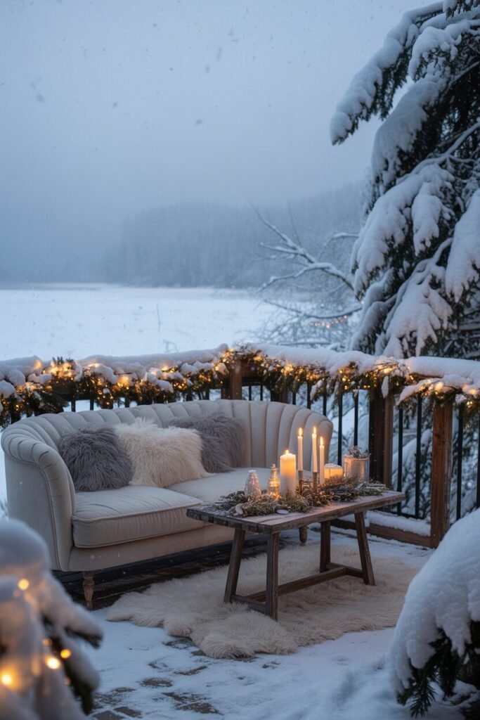 romantic balcony decor with snowfall