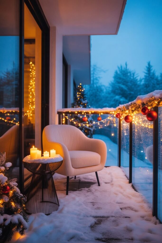 modern balcony decor with snowfall