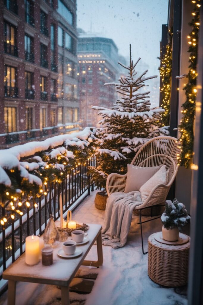 winter balcony decor with snowfall