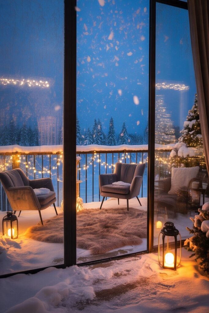 glass balcony decor with snowfall