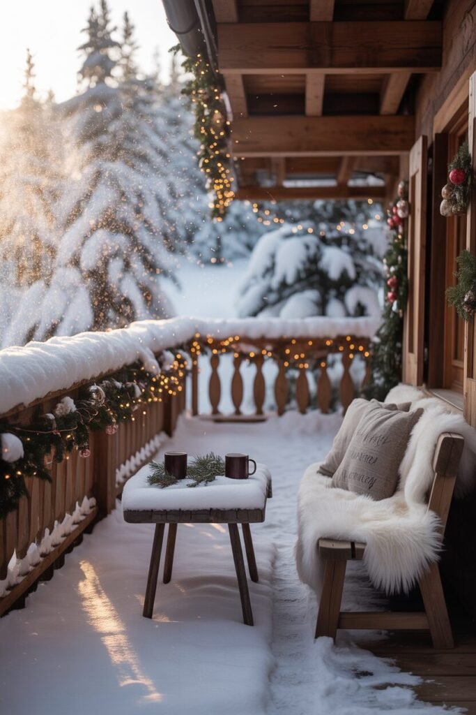winter balcony decor with snowfall