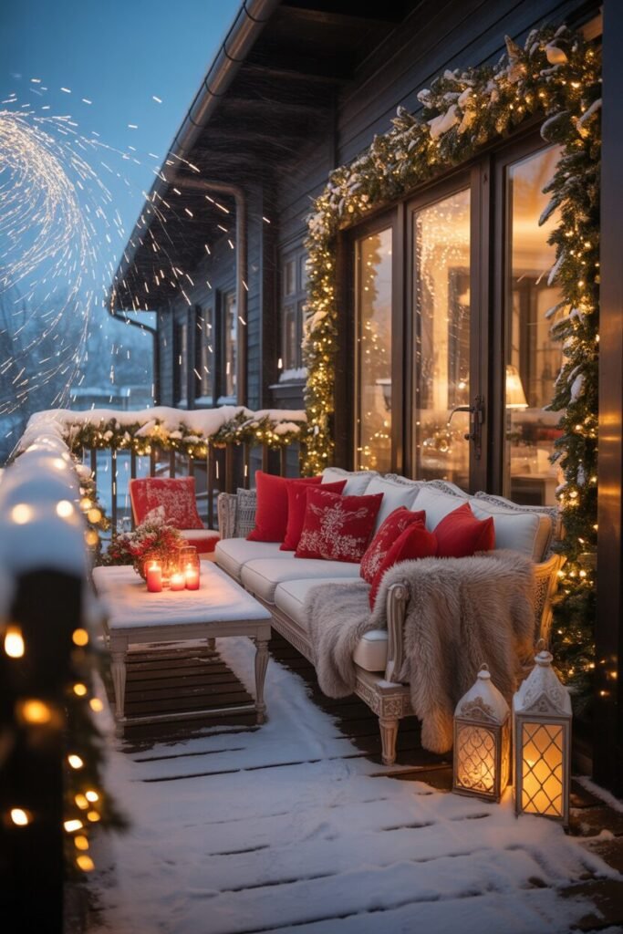 cozy balcony decor with snowfall