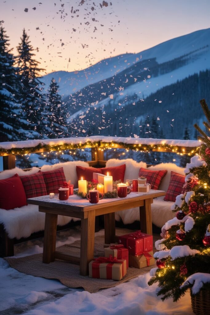 snowy balcony decor with snowfall