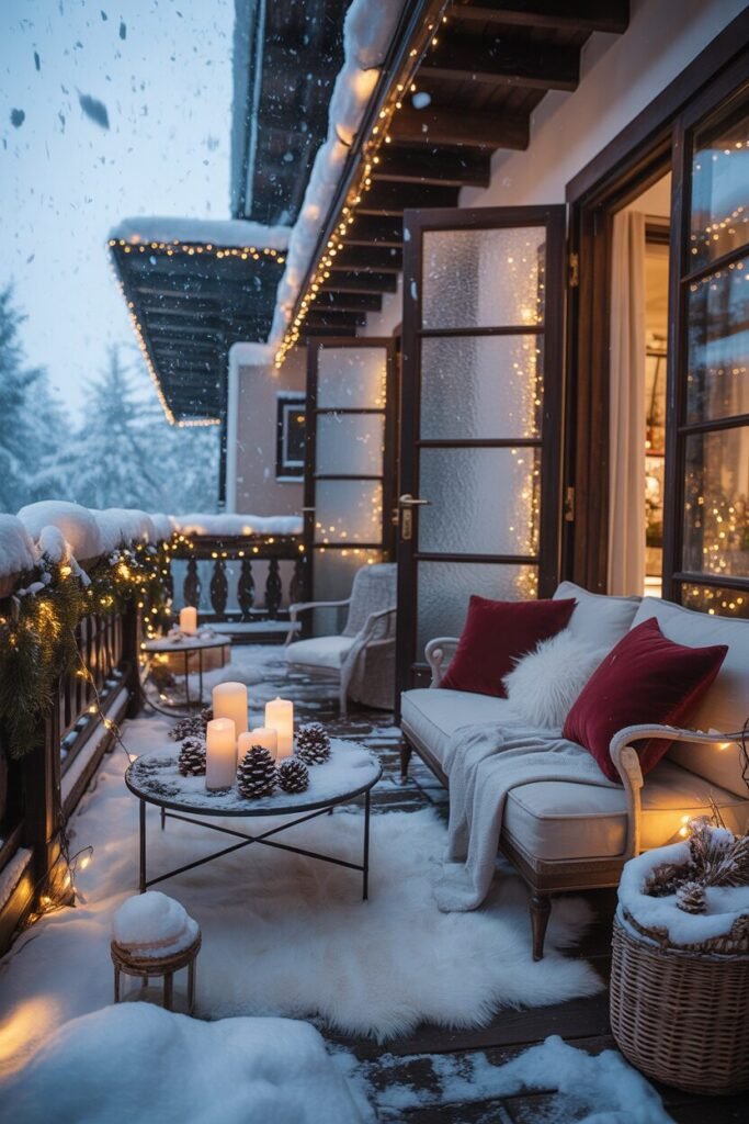winter balcony decor with snowfall scene