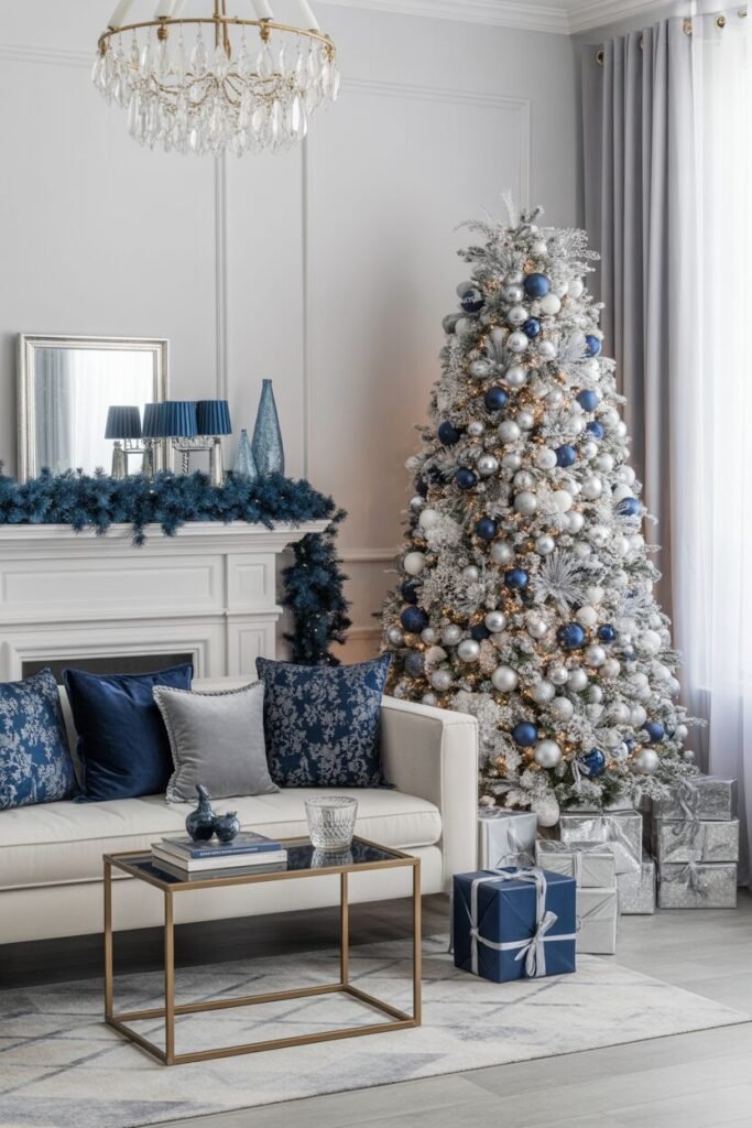 16 Blue and Ice Luxury Christmas Living Room 3 navy silver luxury room