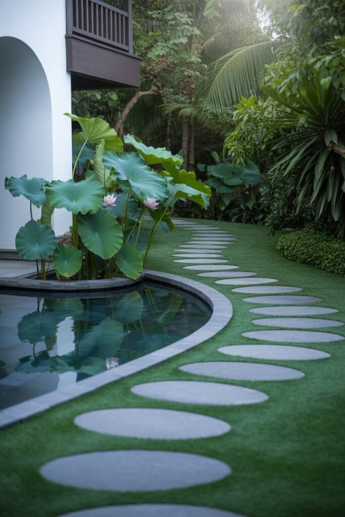 15 Stunning Tropical Garden Pathway Ideas 22 Water feature tropical pathway