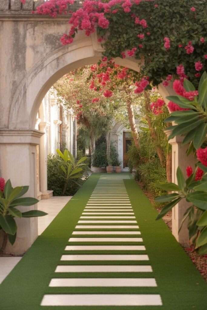 15 Stunning Tropical Garden Pathway Ideas 8 Pink bougainvillea tropical path