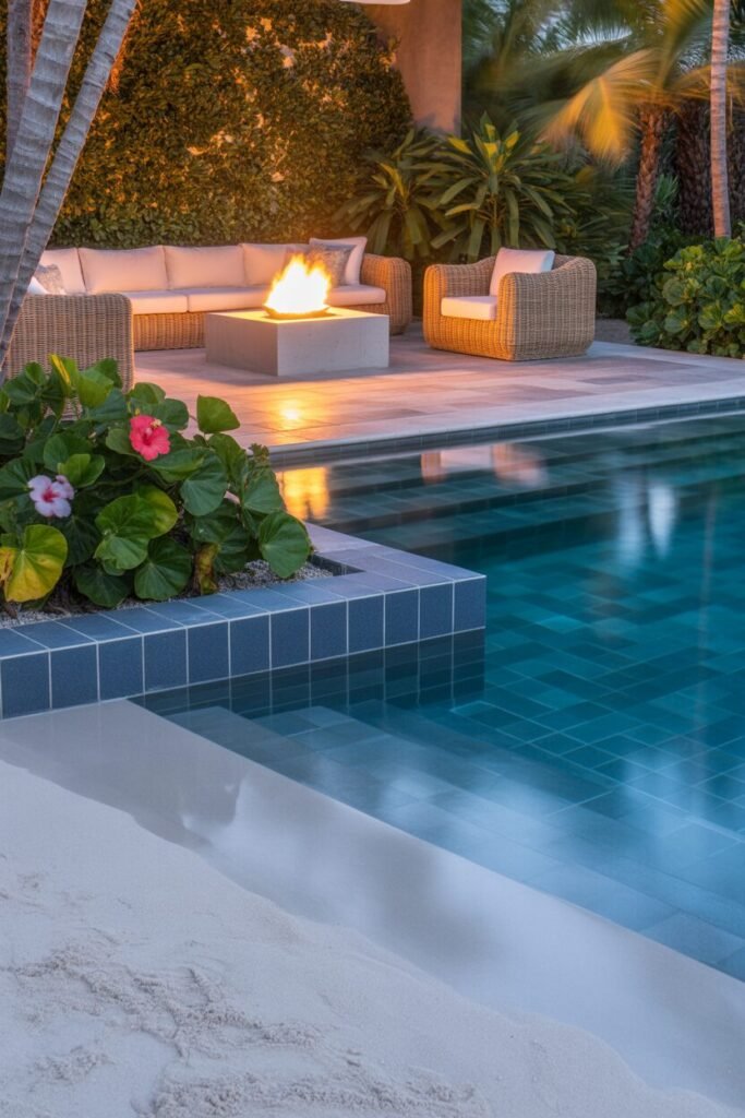 15 Creative Beach Entry Pool Designs to Elevate Your Outdoor Space 10 fire feature beach entry pool