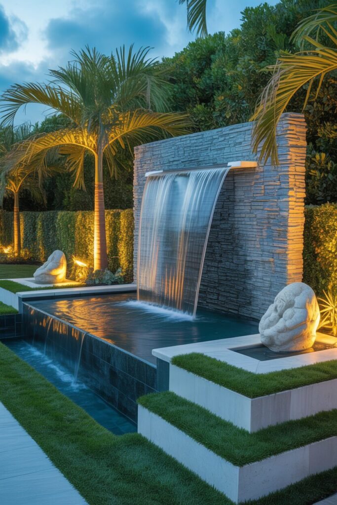 modern backyard with water wall