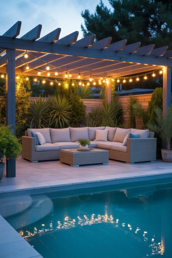  backyard at dusk with pergola lights