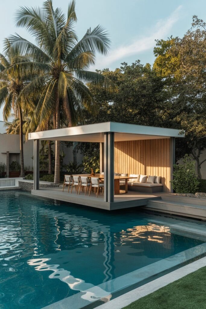 backyard floating pavilion at sunset