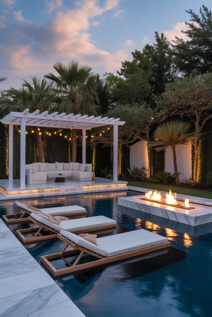  twilight backyard with marble and turf