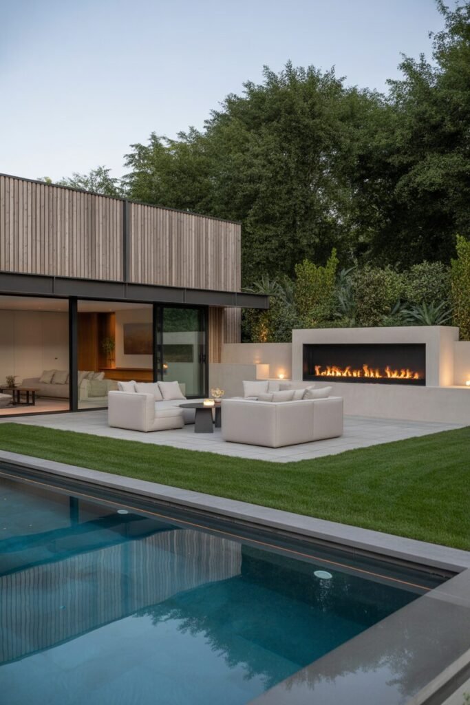 minimalist modern backyard with lighting