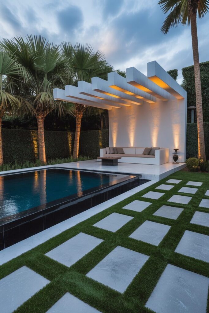 backyard with black-edged pool