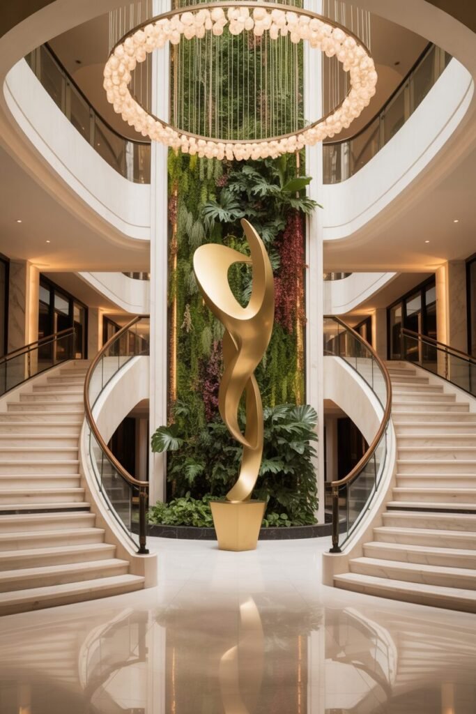 dual curved staircase lobby