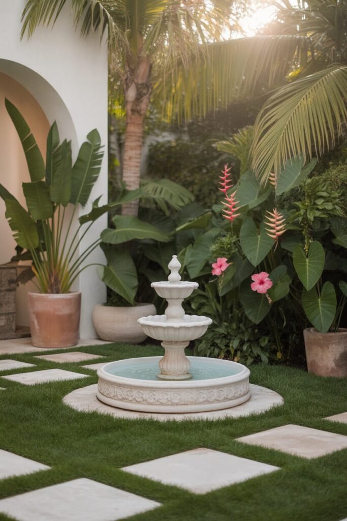 tropical garden courtyard fountain