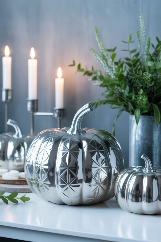 ✨ 15 Chic Painted Pumpkin Ideas for Elegant Fall Decor 4 silver geometric painted pumpkin