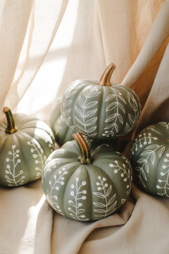✨ 15 Chic Painted Pumpkin Ideas for Elegant Fall Decor 15 sage botanical painted