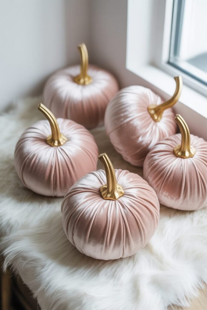 ✨ 15 Chic Painted Pumpkin Ideas for Elegant Fall Decor 13 blush velvet painted pumpkin