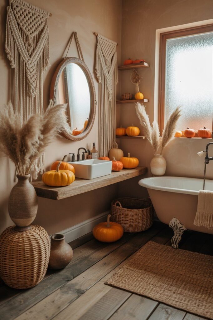 20 Cozy & Stylish Fall Bathroom Decor Ideas for Autumn 2025 11 bohemian fall bathroom