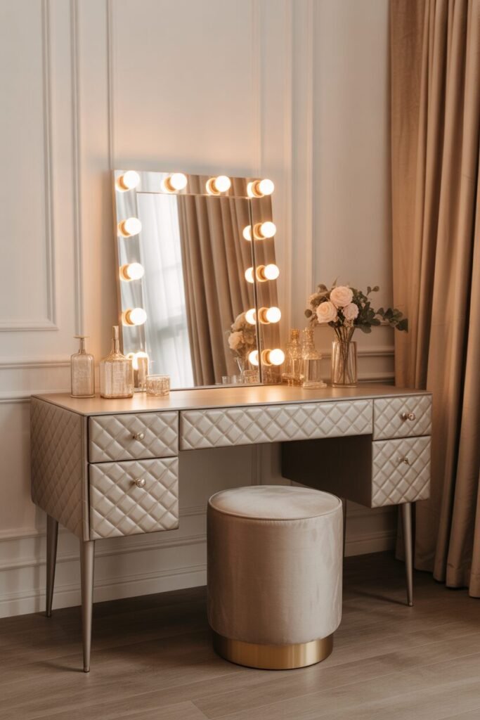 15 Luxury Vanity Setup Ideas for a Glamorous Bedroom Makeover 14 champagne vanity