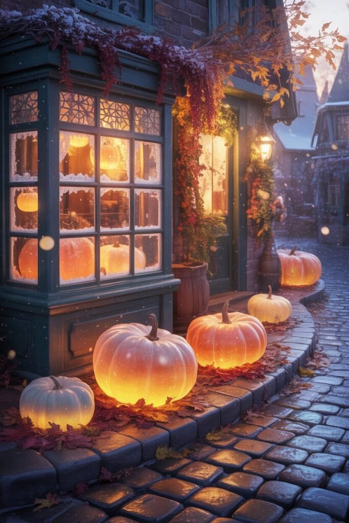  autumn village with glowing pumpkins