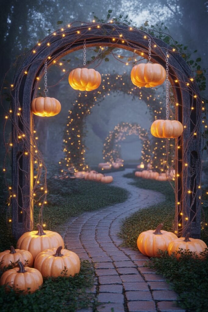  glowing garden archway with pumpkins