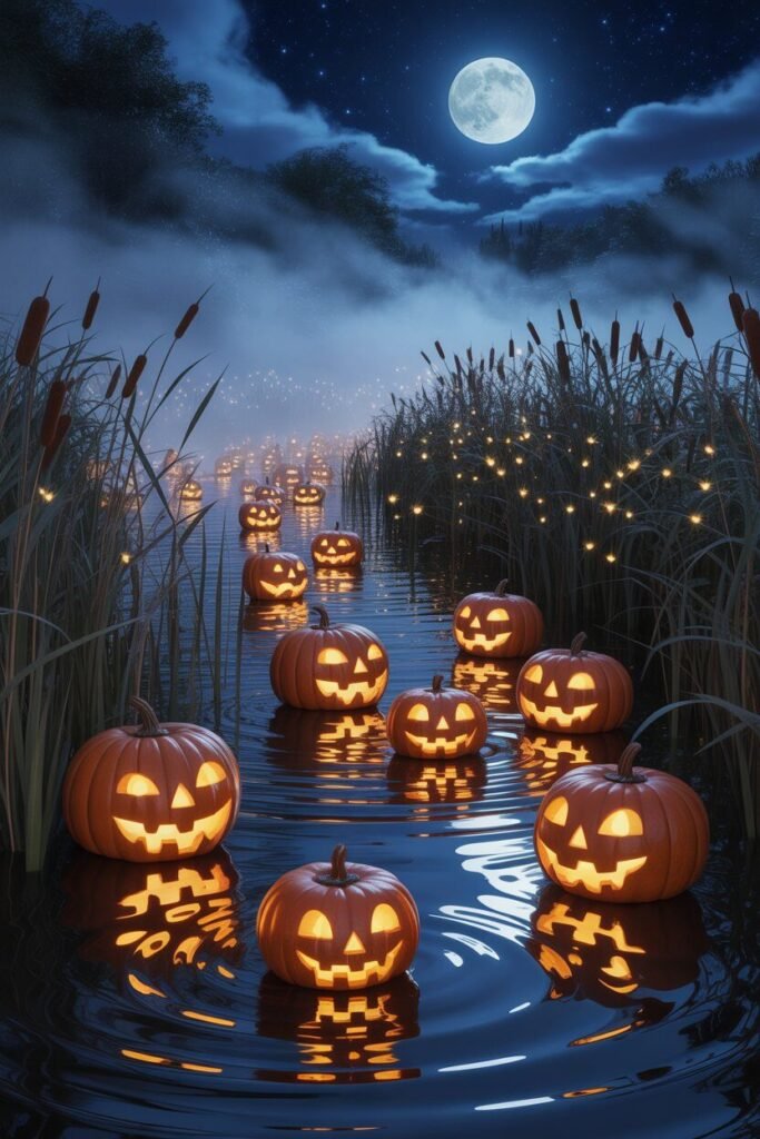 glowing pumpkins on moonlit river