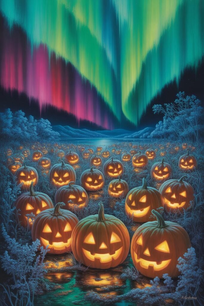 pumpkin patch under northern lights