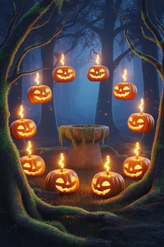 pumpkins in enchanted forest clearing