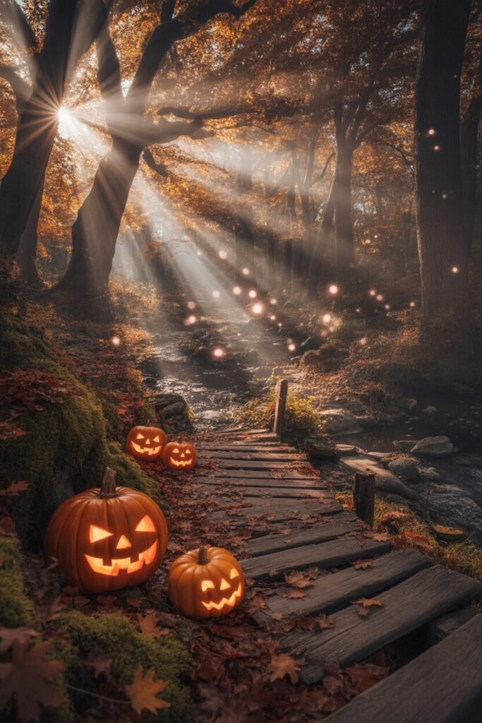 forest path with glowing pumpkins