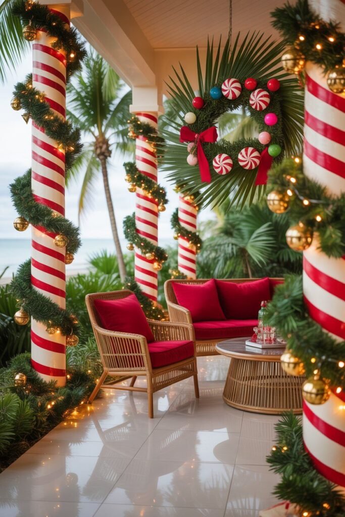 20 Candy Cane Christmas Porch Ideas for Magical Holiday Decor 19 Tropical Candy Cane Christmas