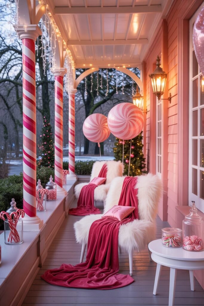 20 Candy Cane Christmas Porch Ideas for Magical Holiday Decor 4 Romantic pastel Candy Cane Christmas