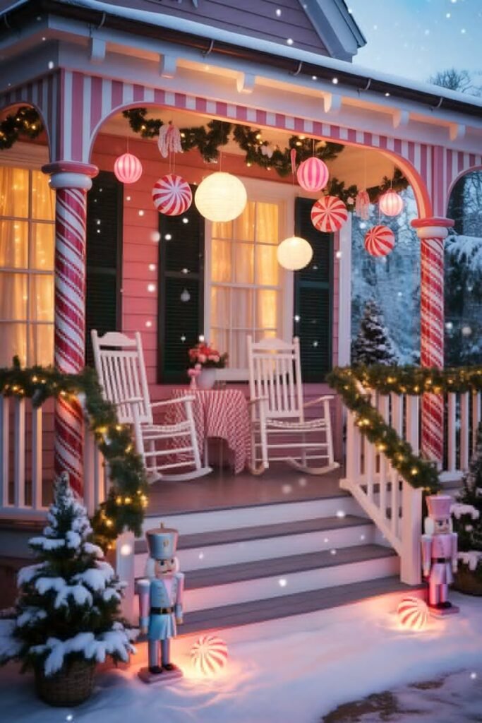 20 Candy Cane Christmas Porch Ideas for Magical Holiday Decor 12 Snowy Candy Cane Christmas