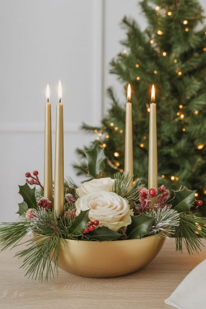 13 Stylish Christmas Centerpiece Ideas to Elevate Your Holiday Table 2 gold candle centerpiece