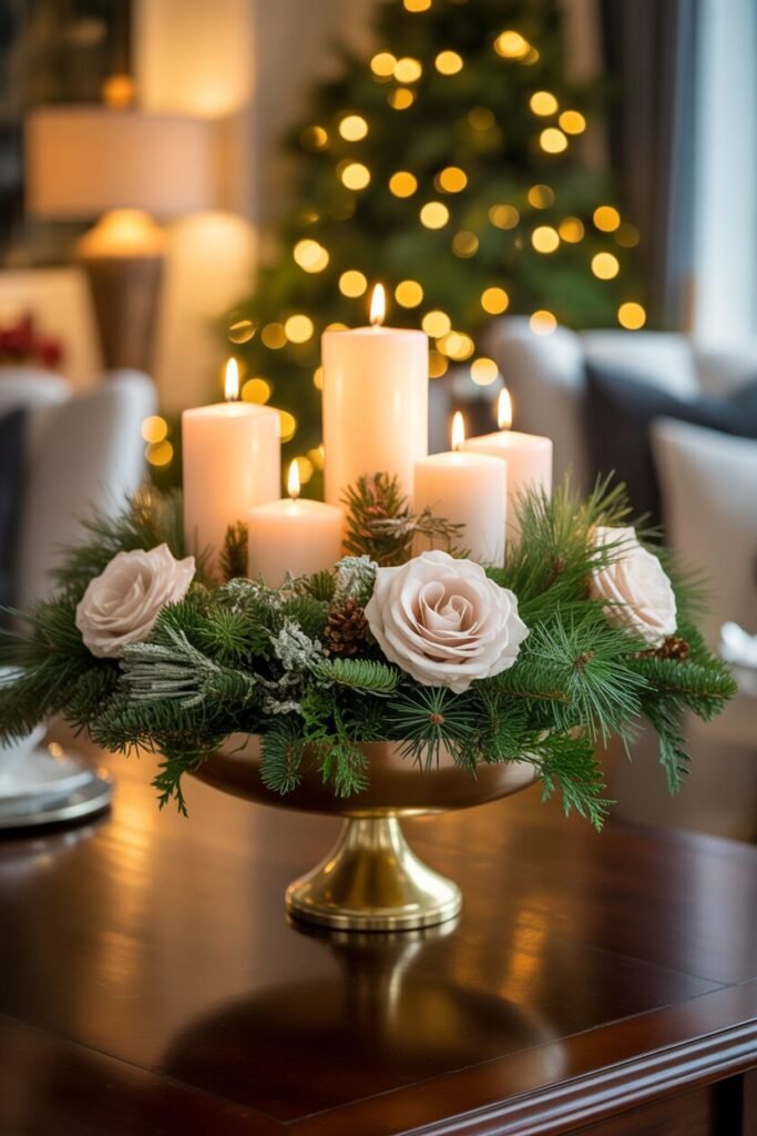 13 Stylish Christmas Centerpiece Ideas to Elevate Your Holiday Table 3 gold candle centerpiece