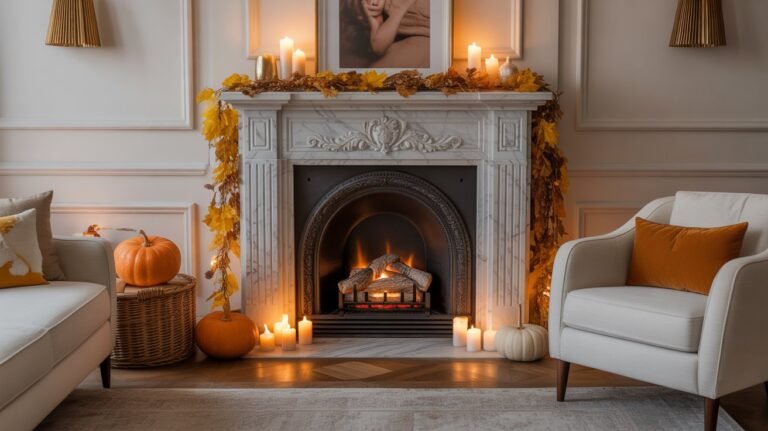 18 stylish Cozy Fall Fireplace Styling Ideas for Autumn 2025 17 fall living room
