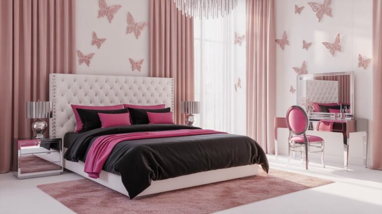 black white pink feminine bedroom