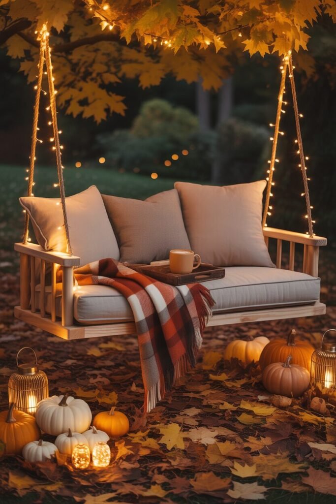 autumn garden swing with pumpkins