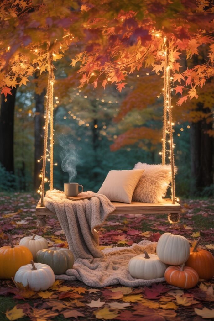 autumn garden swing with pumpkins