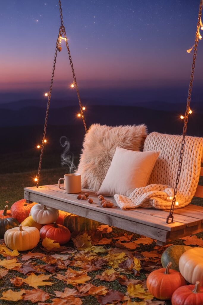 autumn garden swing with pumpkins