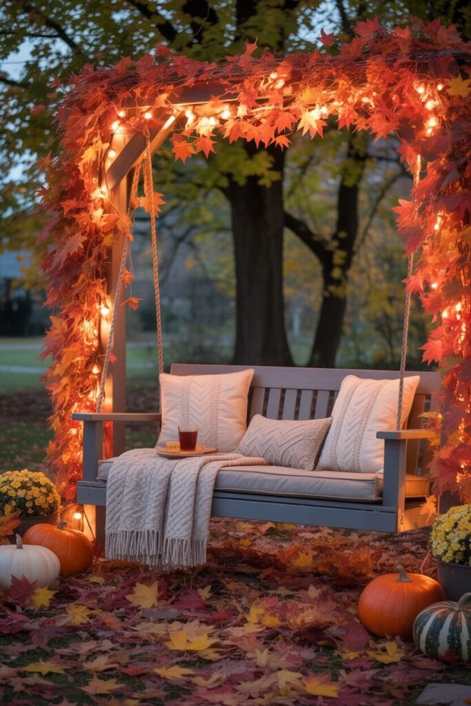 autumn garden swing with pumpkins