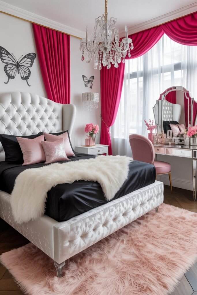 black white pink bedroom